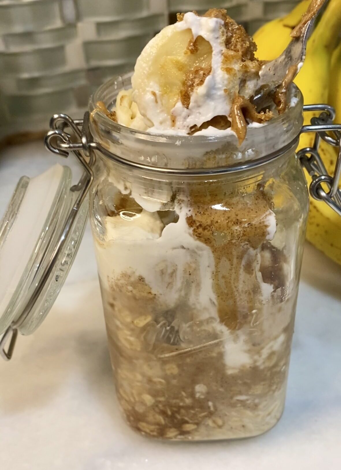 banana almond butter protein overnight oats