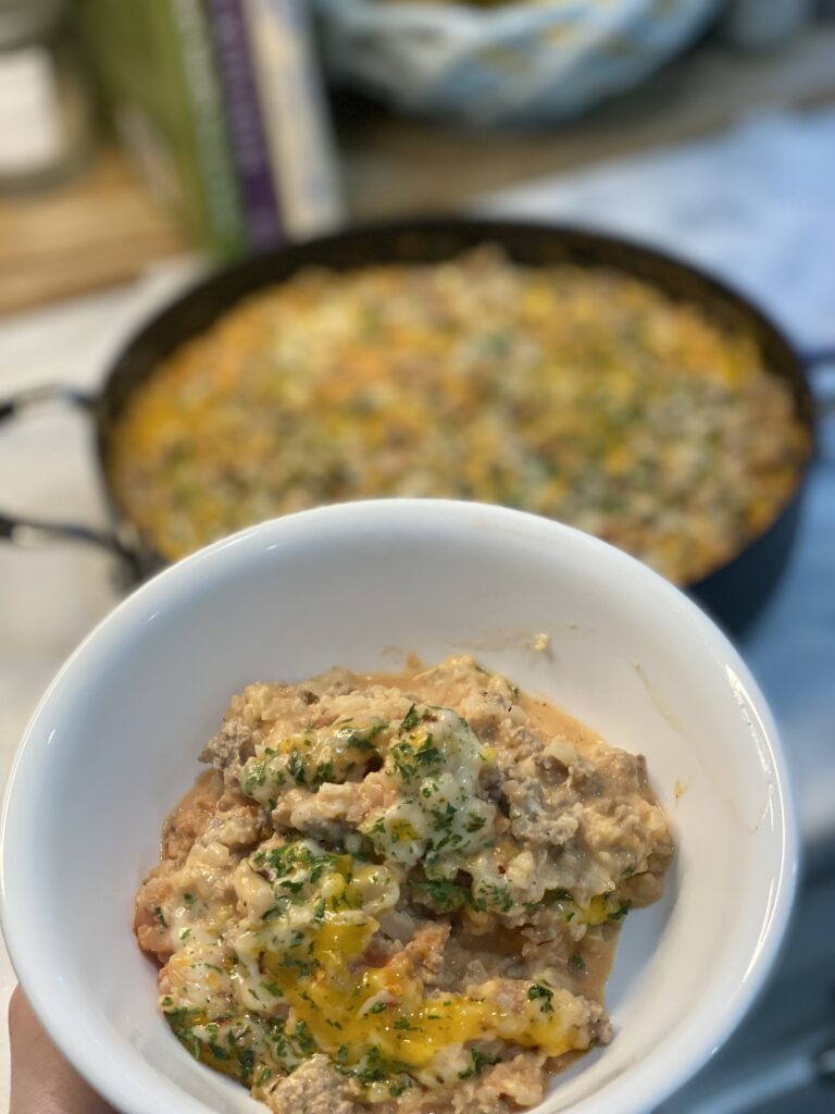 plated low carb ground turkey cauliflower rice skillet