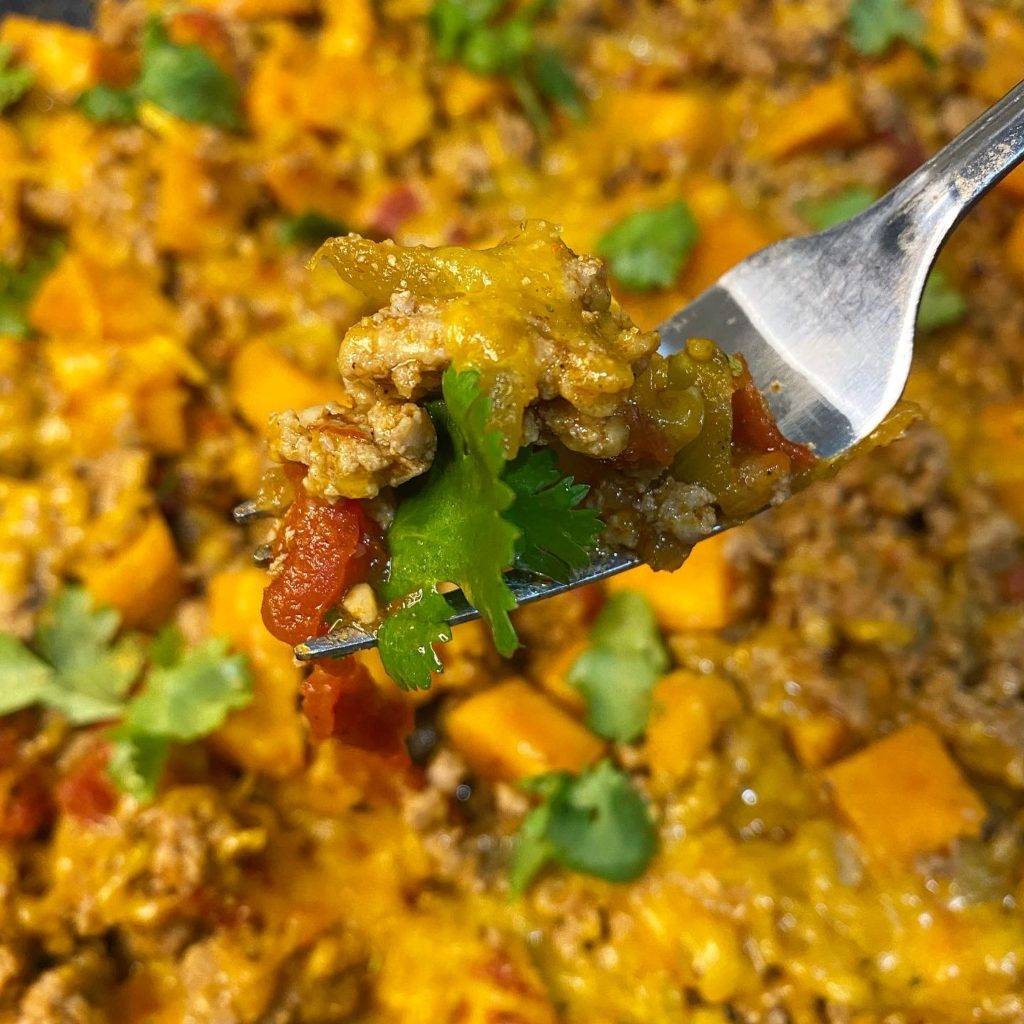 close up ground turkey sweet potato skillet fork