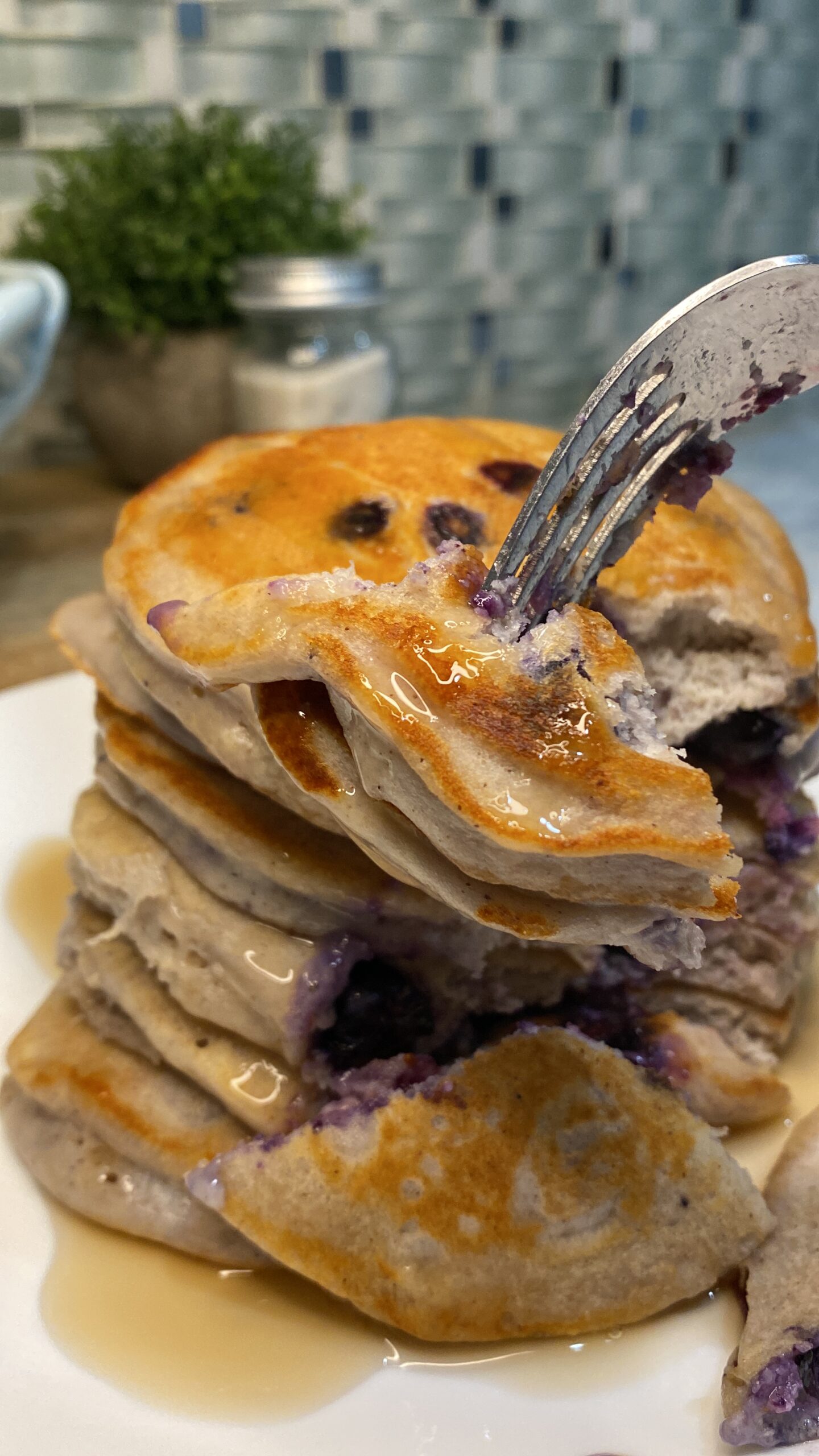 greek yogurt blueberry pancakes close up