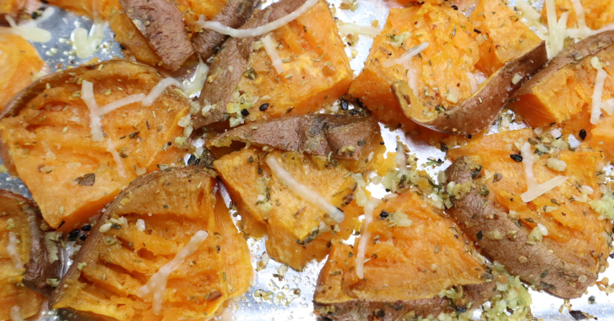 garlic butter smashed sweet potatoes