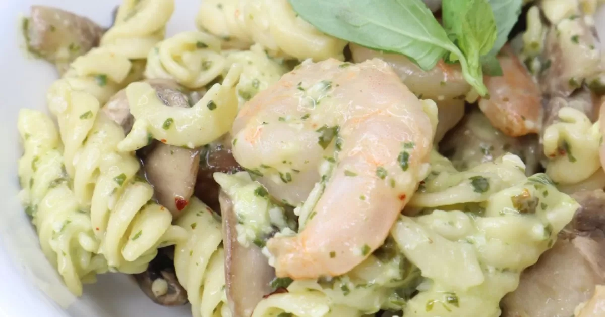 protein pesto shrimp pasta