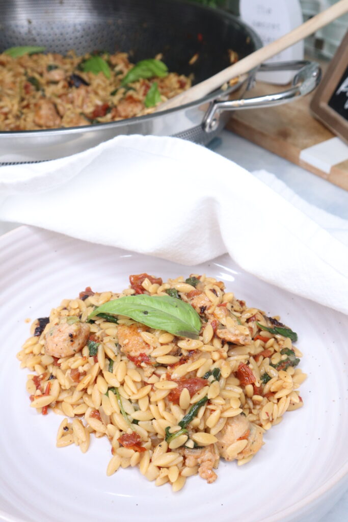 Italian Spinach & Sun Dried Tomato Orzo with Chicken Sausage