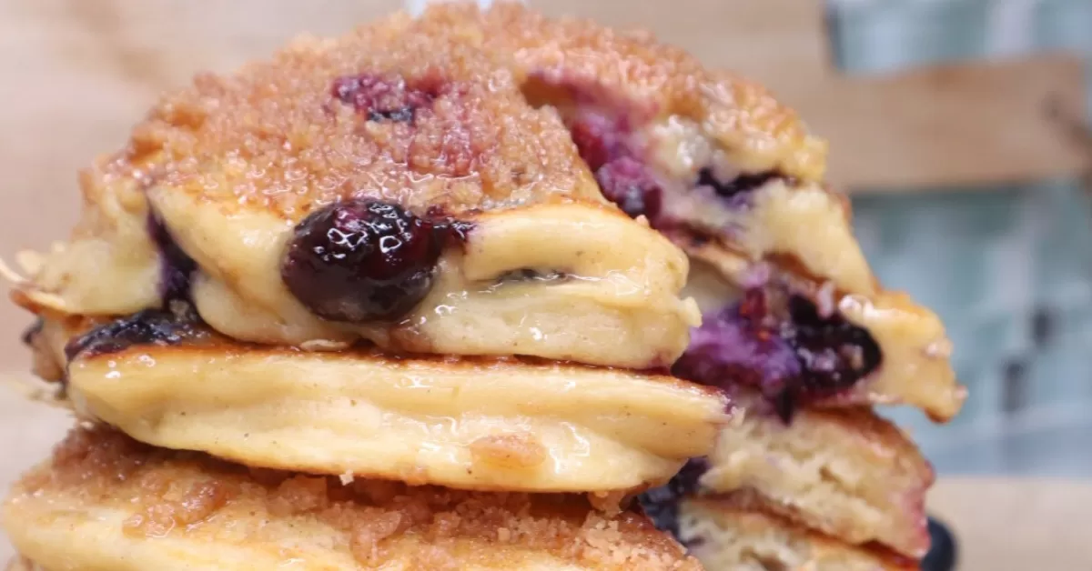 blueberry streusel Greek yogurt protein pancakes