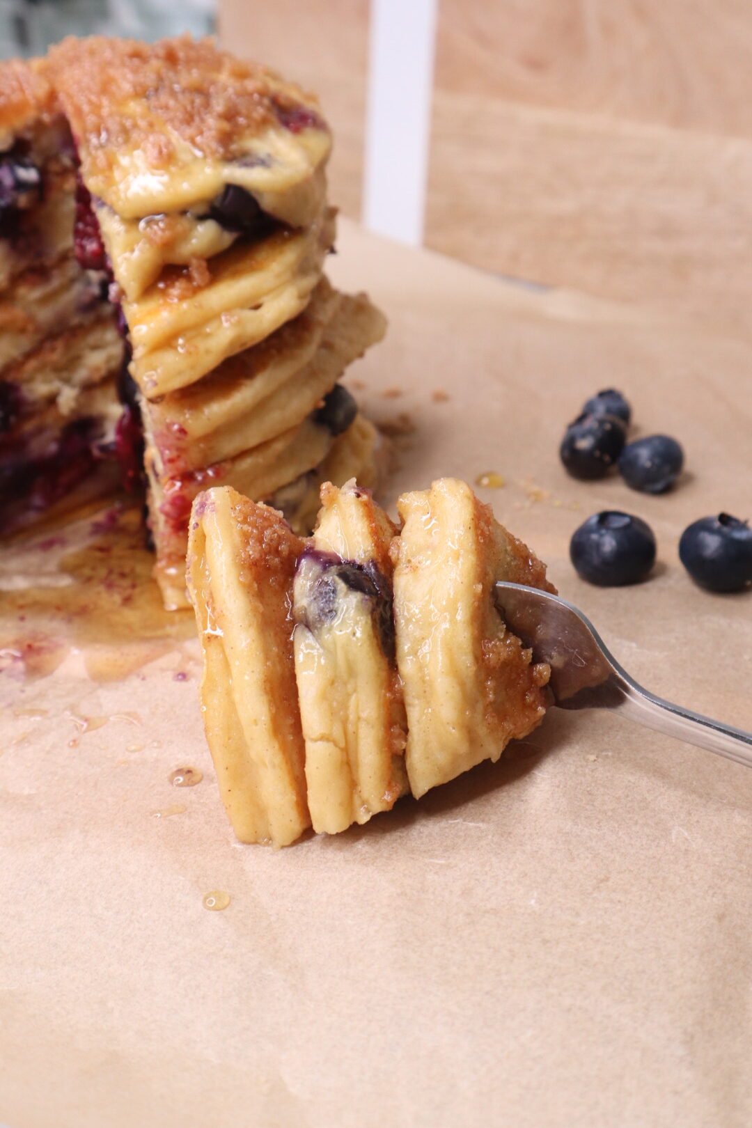 blueberry streusel Greek yogurt protein pancakes