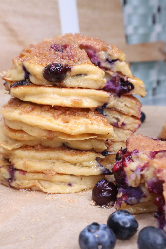 blueberry streusel Greek yogurt protein pancakes