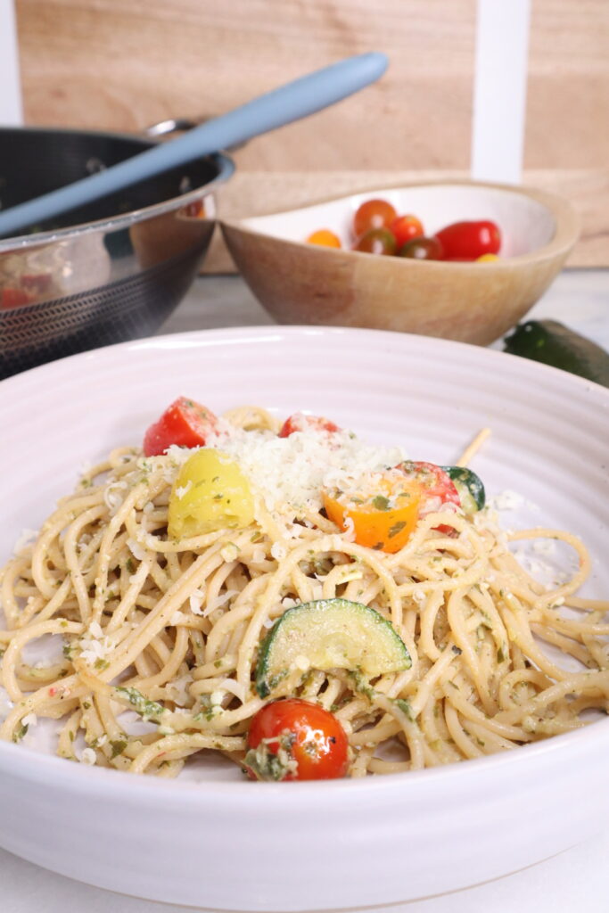 summer tomato protein pesto pasta 