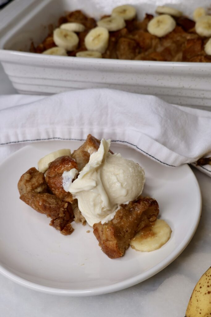 bananas foster protein bread pudding