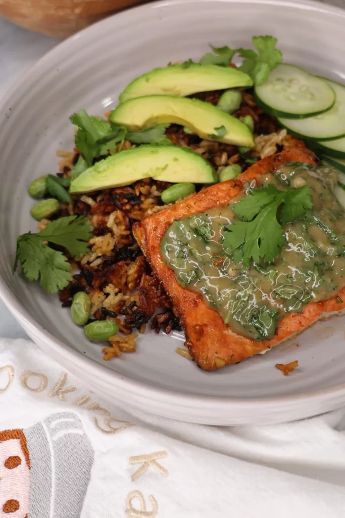 Crunchy Rice Salmon Bowls With Tahini Glaze