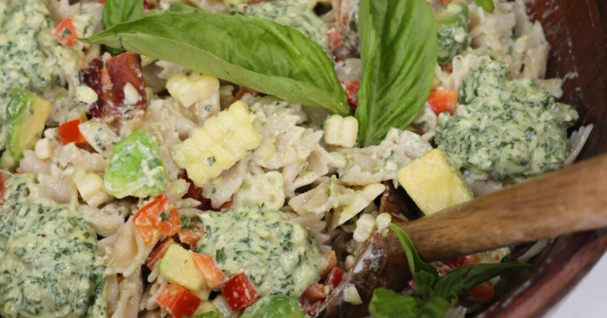 summer corn pesto pasta salad