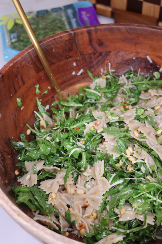 Lemon arugula pasta salad with toasted pine nuts and lemon vinaigrette