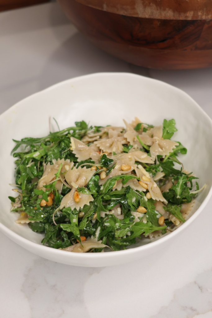 Lemon arugula pasta salad with toasted pine nuts and lemon vinaigrette