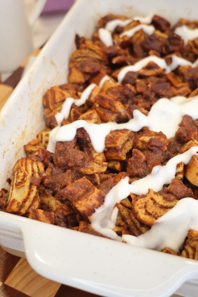 Low carb cinnamon roll casserole fresh out of the oven