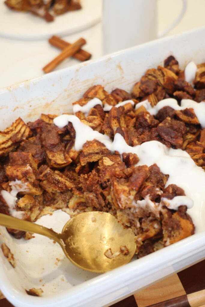 Low carb cinnamon roll casserole fresh out of the oven