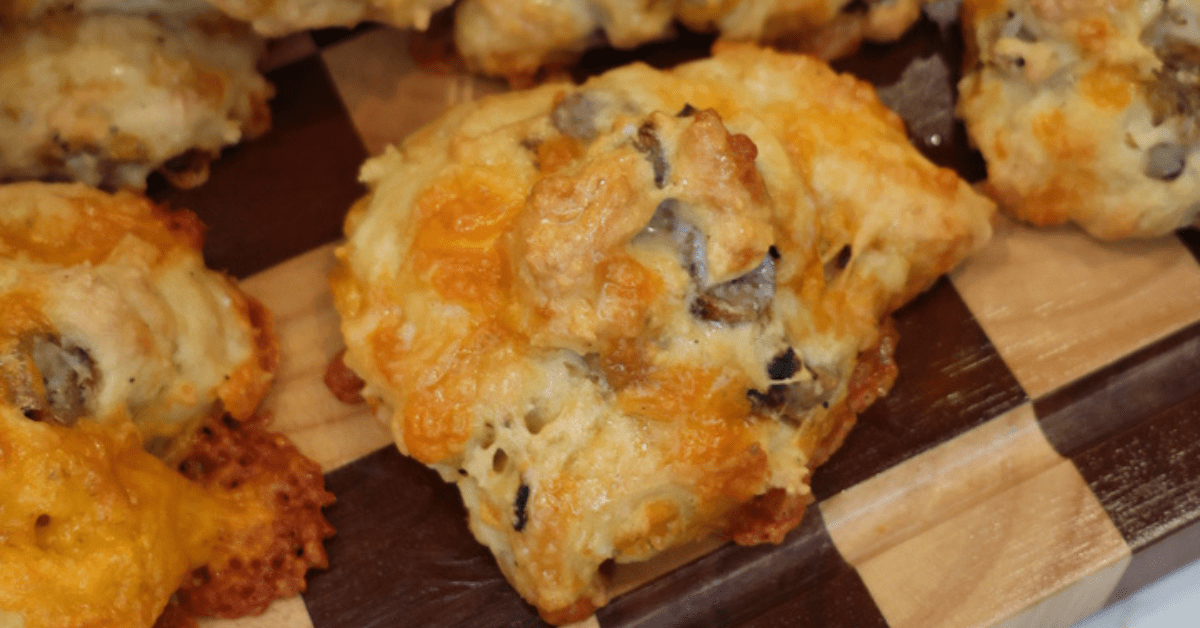 Freshly baked cheddar sausage biscuits straight from the oven