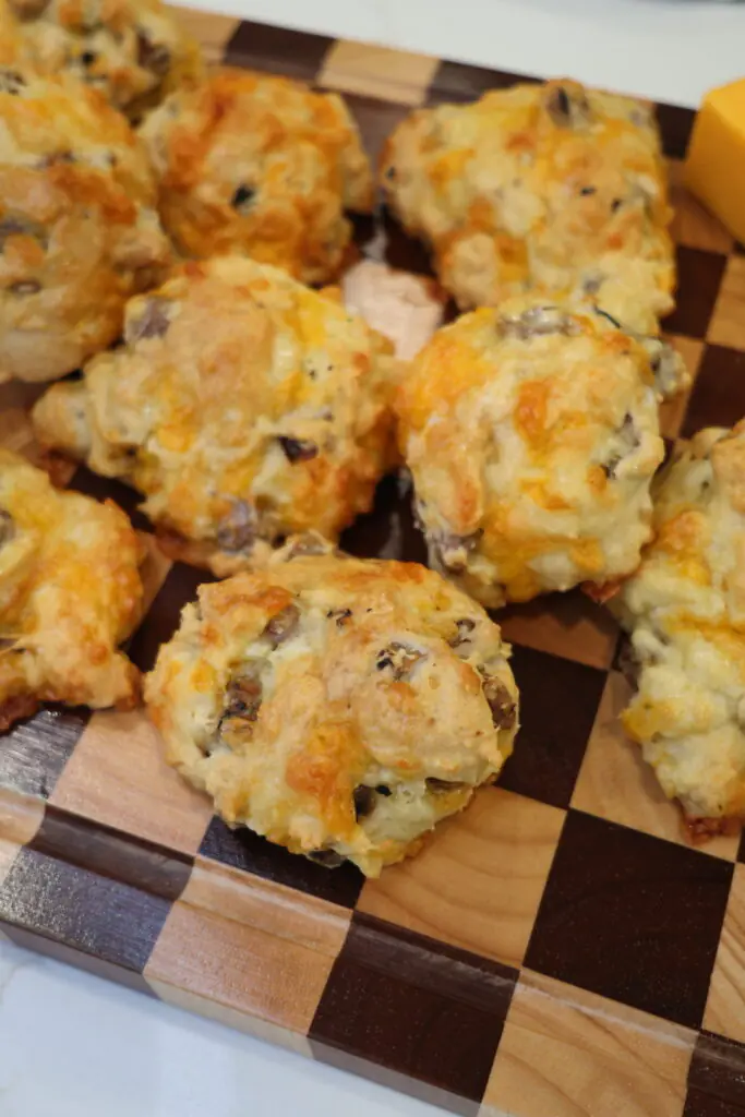 Freshly baked cheddar sausage biscuits straight from the oven