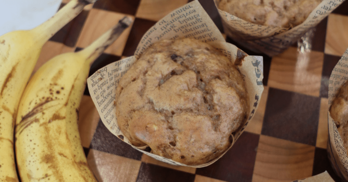 Moist Banana Espresso Greek Yogurt Chocolate Chip Muffins with dark chocolate chips
